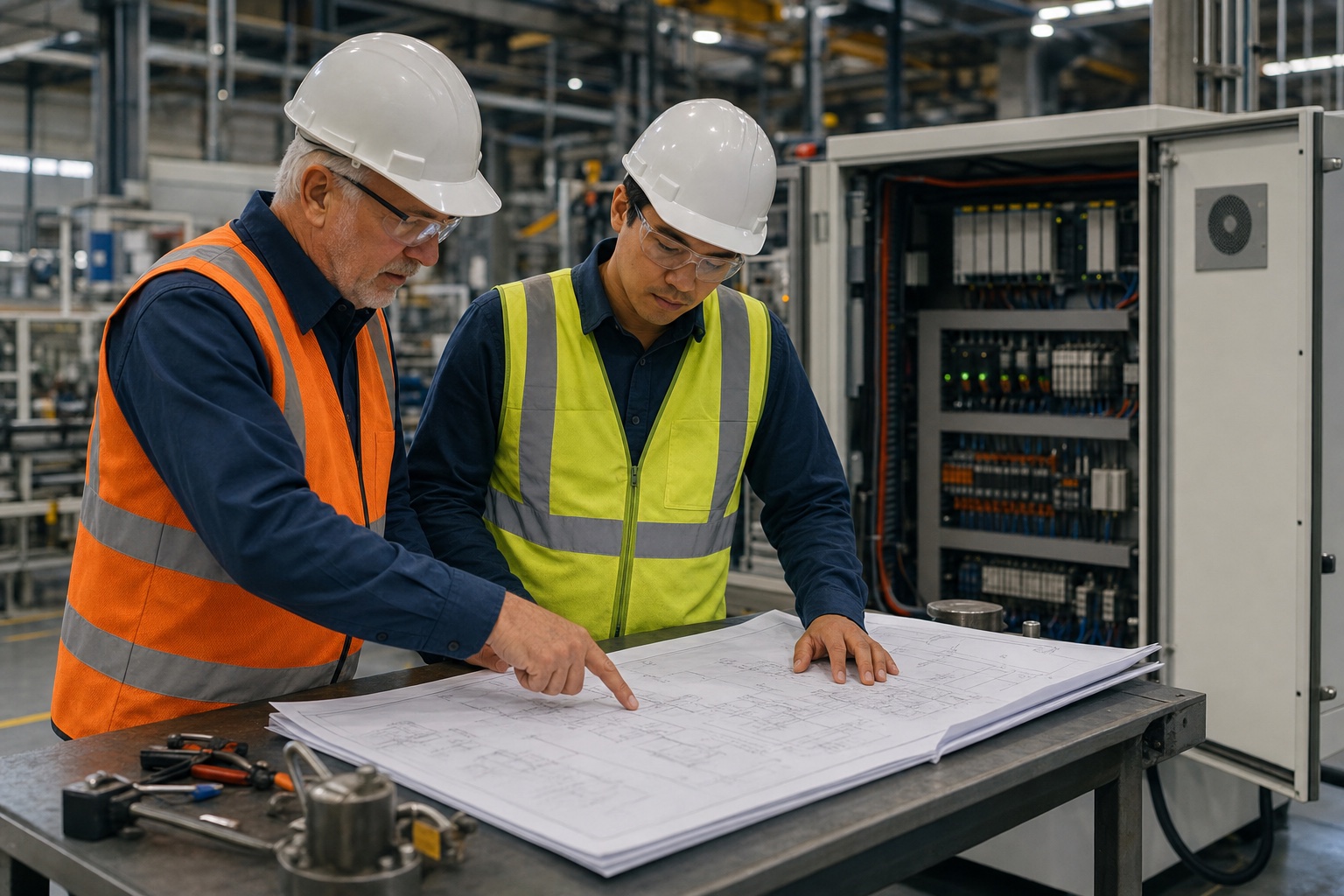 Industrial automation consultants reviewing a control system project