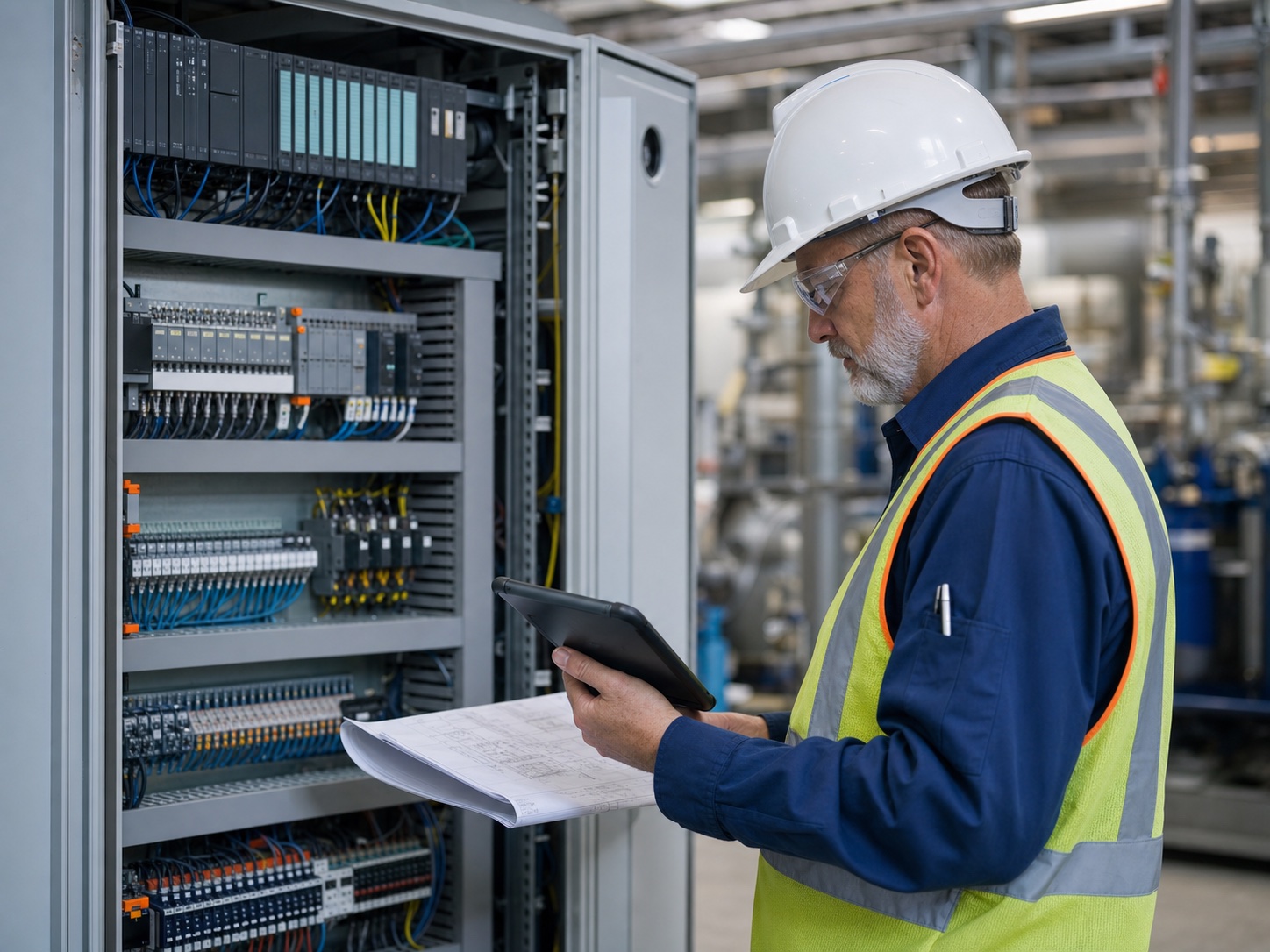Controls engineer inspecting a PLC cabinet