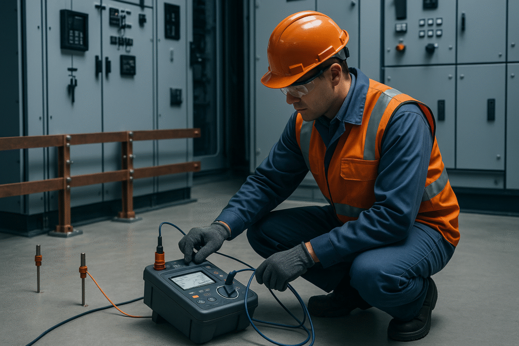 Engineer testing industrial safety instrumentation and control systems