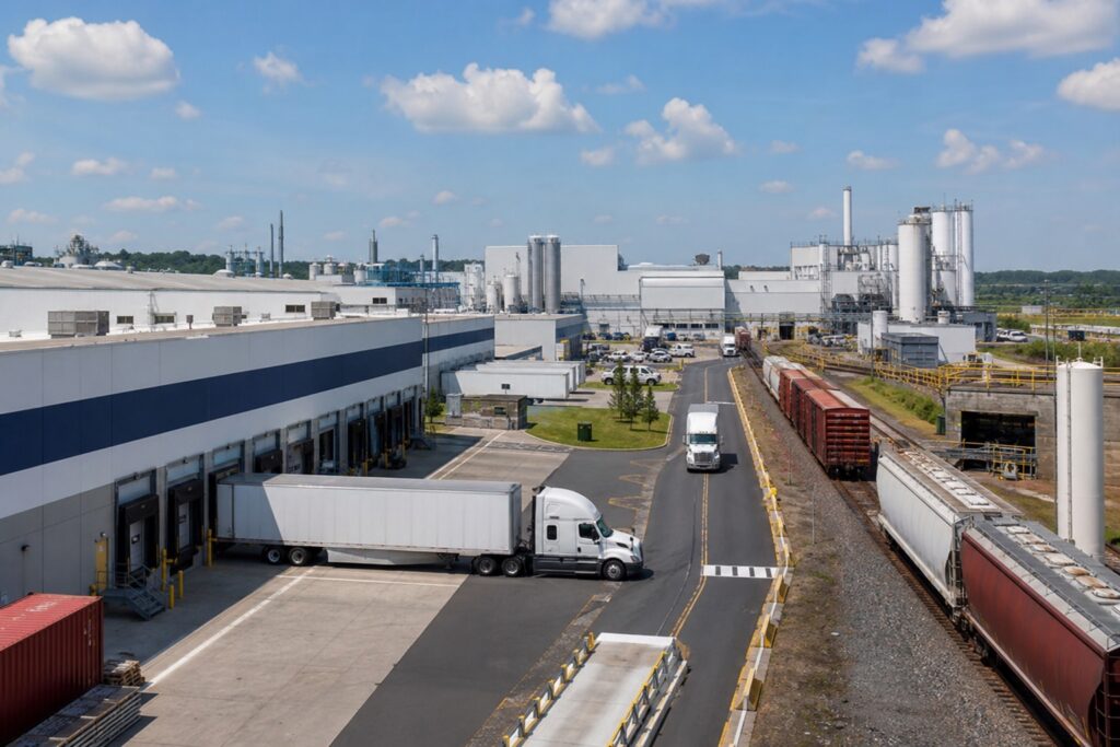 Manufacturing logistics hub with loading docks, freight trucks, rail access, and industrial buildings