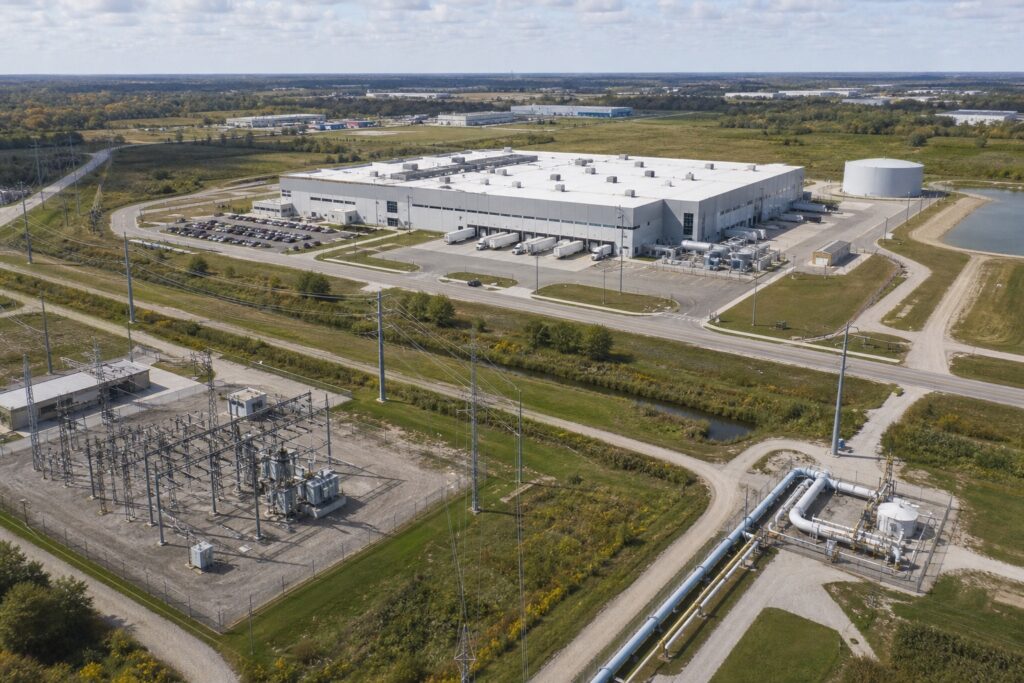 Manufacturing site connected to electrical, water, gas, and transportation infrastructure