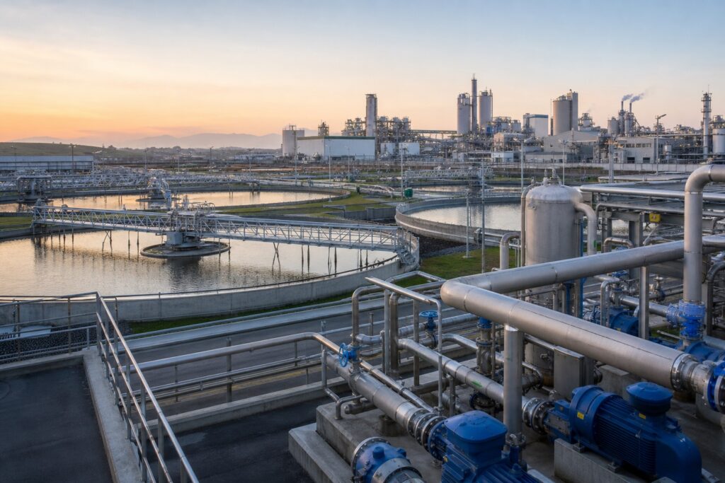 Industrial water treatment infrastructure with clarifiers, pumps, piping, and a manufacturing facility