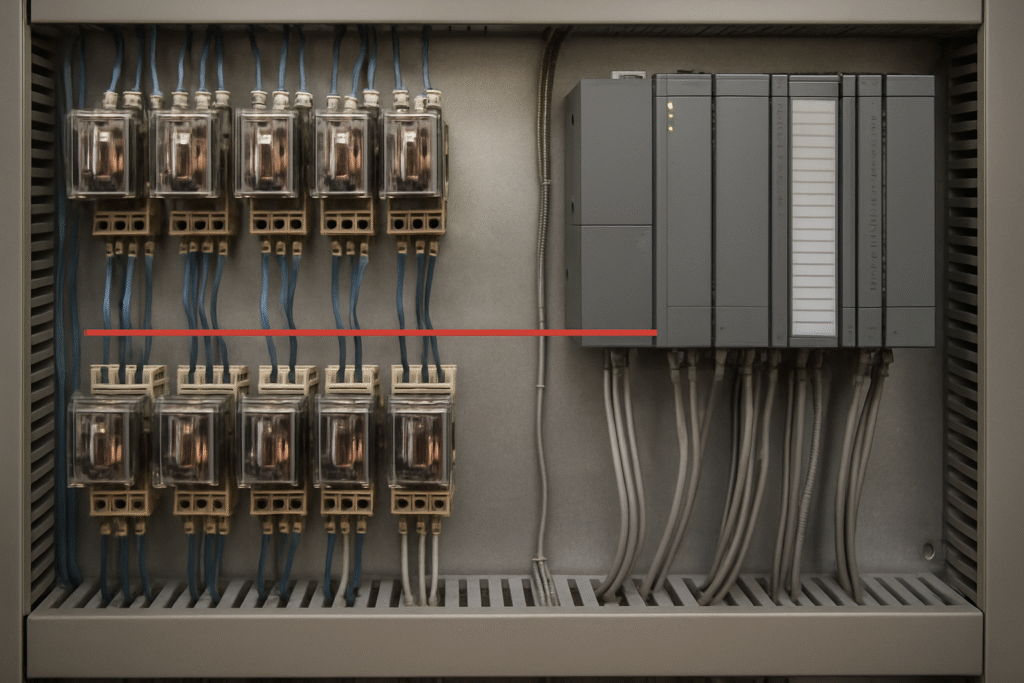 Industrial control panel with relays adjacent to PLC modules illustrating relay‑to‑PLC integration